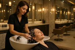 hairdresser washing hair at a client luxury salon